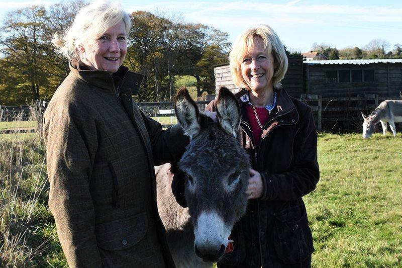 Annie Prebensen and Christina Williams with a donkey