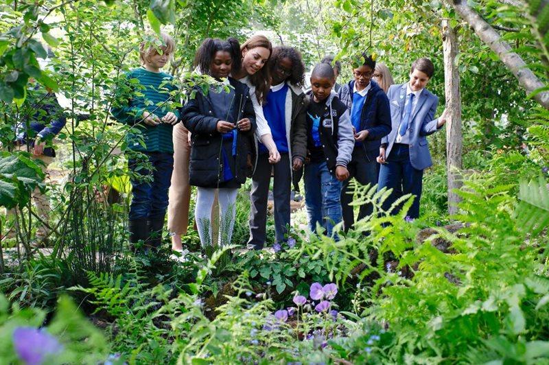 HRH Duchess of Cambridge with children on RHS Back to Nature Garden