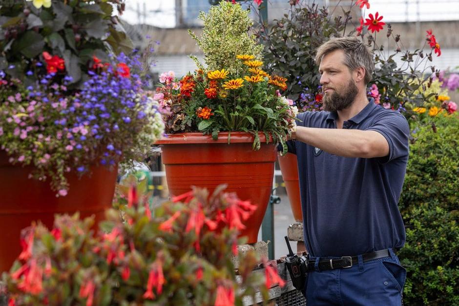 David Lewis, Garden Instructor at HMP Whatton, tends to hanging baskets at HMP Whatton